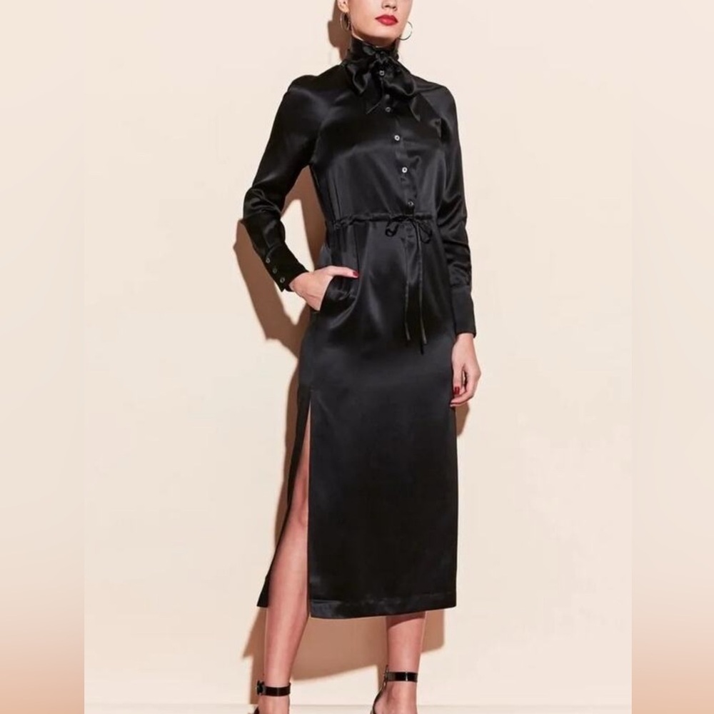 Elegant Black Satin Shirt Dress